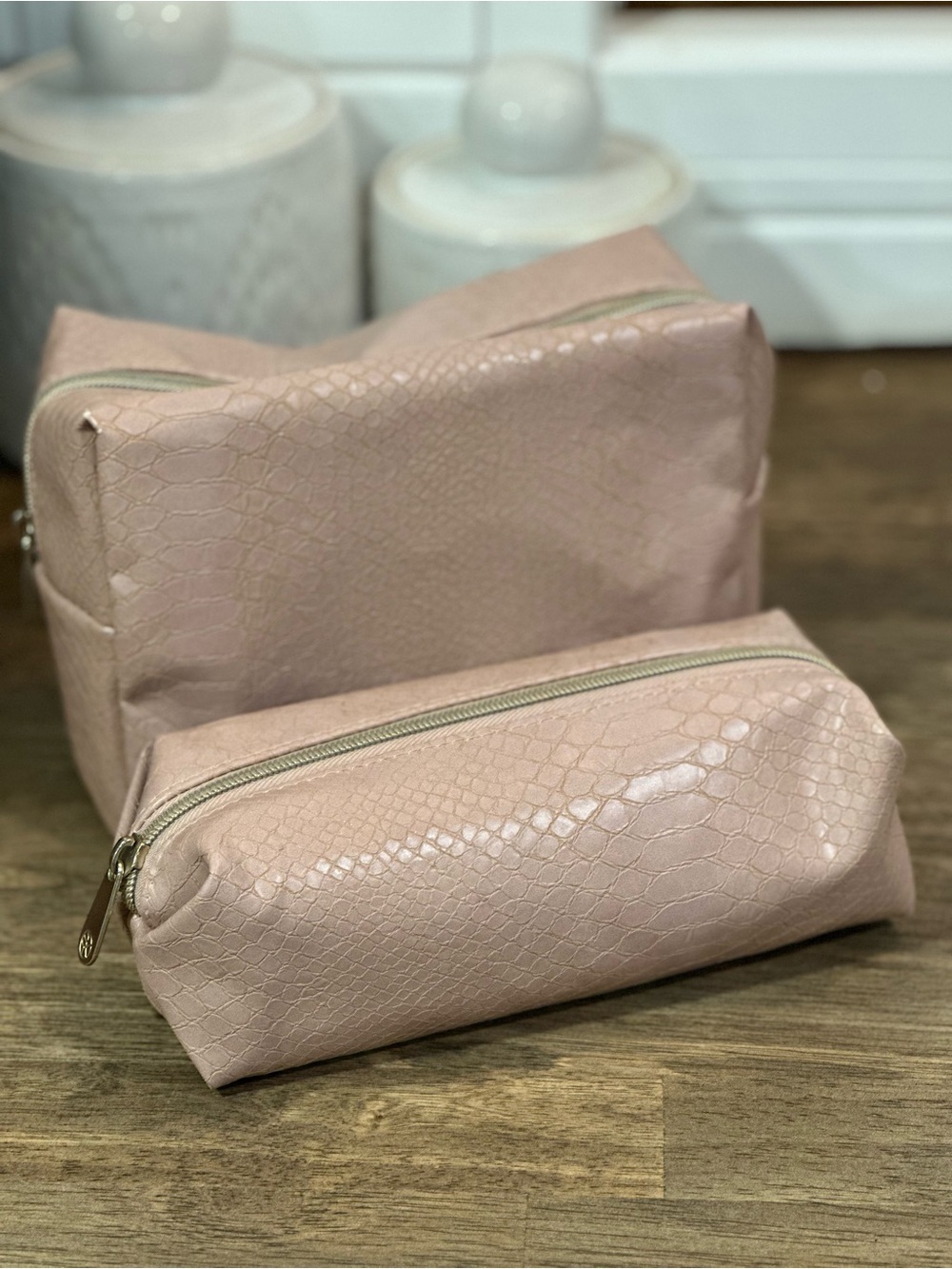 Blush Pink Faux Snakeskin Cosmetic Pouches - Set of 2